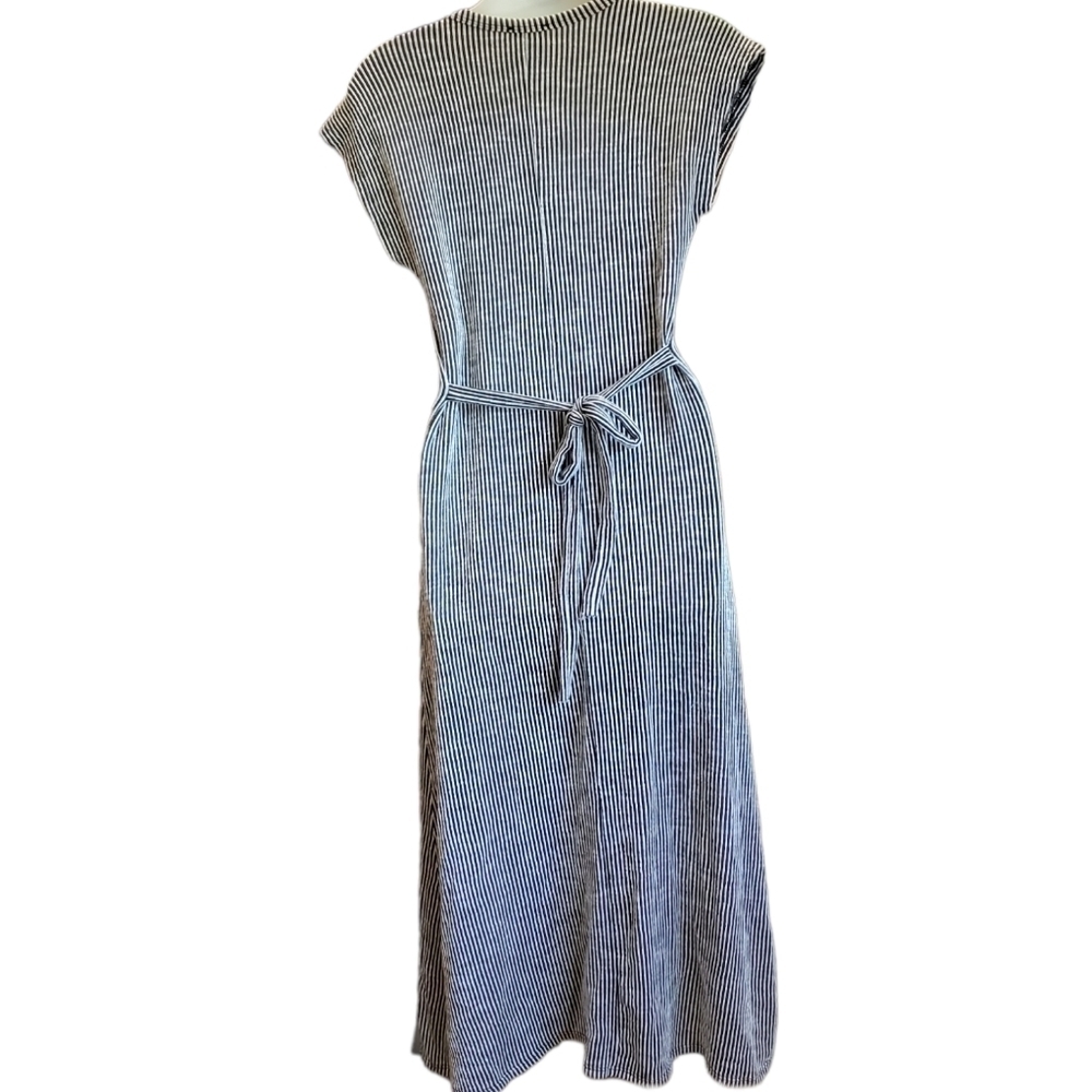 CAUTION TO THE WIND ribbed blue & white striped dress M - Picture 2 of 5